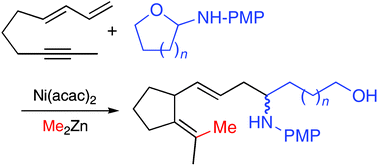 Graphical abstract: Nickel catalyzed stereoselective conjugate addition of dimethylzinc upon aldimines across 1,3-dien-8-ynes and 1,3-dien-9-ynes