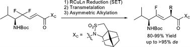 Graphical abstract: A novel one-pot reaction involving organocopper-mediated reduction/transmetalation/asymmetric alkylation, leading to the diastereoselective synthesis of functionalized (Z)-fluoroalkene dipeptide isosteres