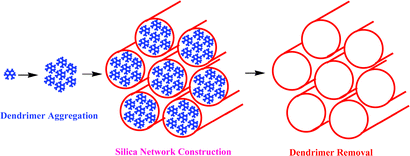 Graphical abstract: Templating silica network construction using 3,5-dihydroxybenzylalcohol based dendrimers: influence of dendrimer aggregation on evolving network structure