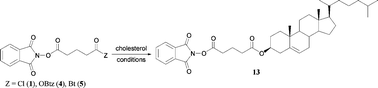Graphical abstract: First synthesis of non-symmetrical “phthalimidoyl active ester” bi-dentate cross-linking reagents having an acid chloride, 2-benzothiazole, or 1-benzotriazol group