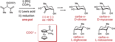 Graphical abstract: Enantioselective synthesis of 2,6-dideoxy carbasugars based on a desymmetrizing hydroformylation–carbonyl ene cyclization process