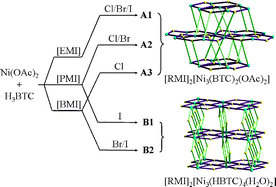 Graphical abstract: Product control by halide ions of ionic liquids in the ionothermal syntheses of Ni–(H)BTC metal–organic frameworks