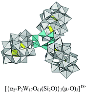 Graphical abstract: Cyclic oligomer of oxide clusters through a siloxane bond. Synthesis and structure of reaction products of α2-mono-lacunary Dawson polyoxometalate with tetrachlorosilane and tetraethoxysilane