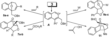 Graphical abstract: Stereocontrolled synthesis of oxygen-bridged polycycles via intermolecular [3+2] cyclization of platinum-bound pyrylium with alkenes