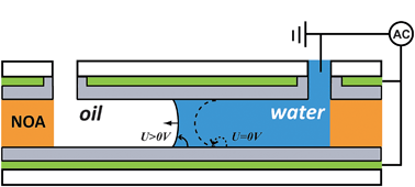 Graphical abstract: A hybrid microfluidic chip with electrowetting functionality using ultraviolet (UV)-curable polymer