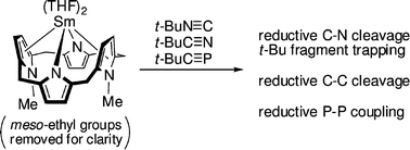 Graphical abstract: Sm(ii) reduction chemistry of heteroalkynes: stable adducts, reductive coupling, reductive C–C/C–N bond cleavage and trapping of the tert-butyl fragment with bulky nitriles, phosphaalkynes and isonitriles