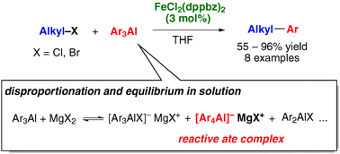 Graphical abstract: The first iron-catalysed aluminium-variant Negishi coupling: critical effect of co-existing salts on the dynamic equilibrium of arylaluminium species and their reactivity