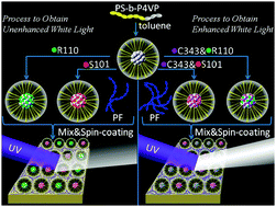 Graphical abstract: Enhanced white-light emission from multiple fluorophores encapsulated in a single layer of diblock copolymer micelles