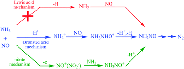 Graphical abstract: Brønsted-NH4+ mechanism versus nitrite mechanism: new insight into the selective catalytic reduction of NO by NH3