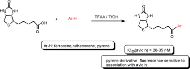 Graphical abstract: Biotin as acylating agent in the Friedel–Crafts reaction. Avidin affinity of biotinyl derivatives of ferrocene, ruthenocene and pyrene and fluorescence properties of 1-biotinylpyrene