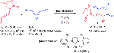 Graphical abstract: Gold(i)-catalyzed intermolecular (4 + 2) cycloaddition of allenamides and acyclic dienes