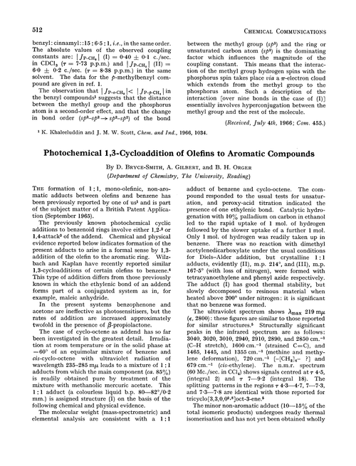 Photochemical 1,3-cycloaddition of olefins to aromatic compounds