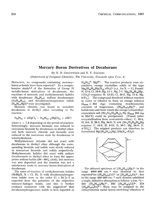 Mercury–boron derivatives of decaborane