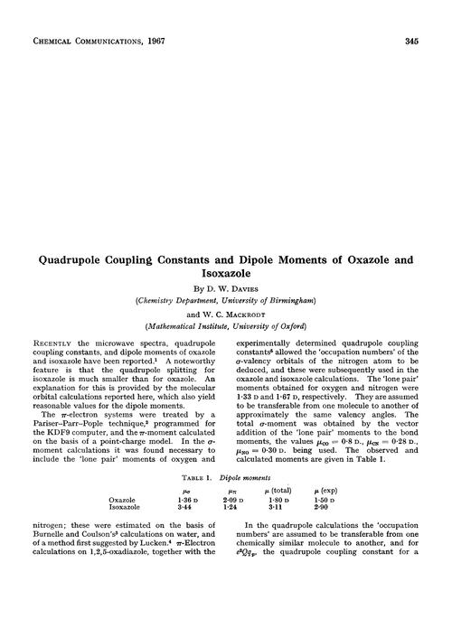 Quadrupole coupling constants and dipole moments of oxazole and isoxazole