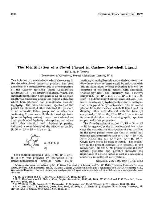 The identification of a novel phenol in Cashew nut-shell liquid