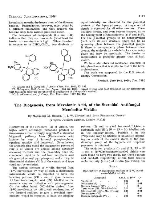 The biogenesis, from mevalonic acid, of the steroidal antifungal metabolite viridin