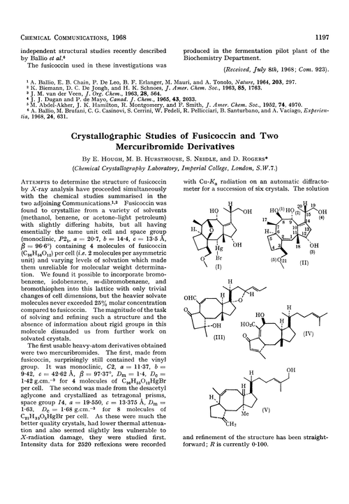 Crystallographic studies of fusicoccin and two mercuribromide derivatives
