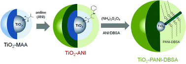 Graphical abstract: One-pot synthesis of hybrid TiO2–polyaniline nanoparticles by self-catalyzed hydroamination and oxidative polymerization from TiO2–methacrylic acid nanoparticles