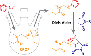 Graphical abstract: One-pot synthesis of cyclopentadienyl endcapped poly(2-ethyl-2-oxazoline) and subsequent ambient temperature Diels–Alder conjugations