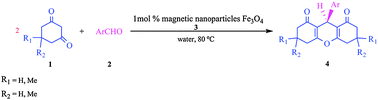 Graphical abstract: Synthesis of xanthene derivatives by employing Fe3O4 nanoparticles as an effective and magnetically recoverable catalyst in water