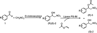 Graphical abstract: Enzymatic synthesis of optical pure β-nitroalcohols by combining d-aminoacylase-catalyzed nitroaldol reaction and immobilized lipase PS-catalyzed kinetic resolution