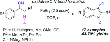 Graphical abstract: Oxidative aromatic C–N bond formation: convenient synthesis of N-amino-3-nitrile-indolesviaFeBr3-mediated intramolecular cyclization