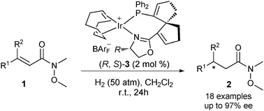 Graphical abstract: Highly enantioselective asymmetric hydrogenation of (E)-β,β-disubstituted α,β-unsaturated Weinreb amides catalyzed by Ir(i) complexes of SpinPhox ligands