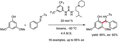 Graphical abstract: Enantioselective Friedel–Crafts reactions between phenols and N-tosylaldimines catalyzed by a leucine-derived bifunctional catalyst