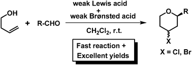 Graphical abstract: Unprecedented synergistic effects between weak Lewis and Brønsted acids in Prins cyclization
