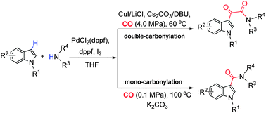 Graphical abstract: Palladium-catalyzed mono- and double-carbonylation of indoles with amines controllably leading to amides and α-ketoamides