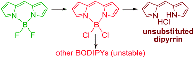 Graphical abstract: Synthesis and characterisation of the unsubstituted dipyrrin and 4,4-dichloro-4-bora-3a,4a-diaza-s-indacene: improved synthesis and functionalisation of the simplest BODIPY framework