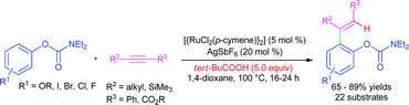 Graphical abstract: Ruthenium-catalyzed highly regio- and stereoselective hydroarylation of aryl carbamates with alkynes via C–H bond activation