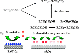 Graphical abstract: Highly selective and efficient catalytic conversion of ethyl stearate into liquid hydrocarbons over a Ru/TiO2 catalyst under mild conditions