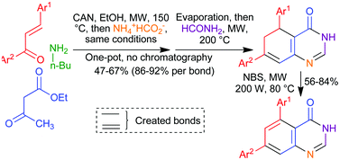 Graphical abstract: Microwave-assisted, sequential four-component synthesis of polysubstituted 5,6-dihydroquinazolinones from acyclic precursors and a mild, halogenation-initiated method for their aromatization under focused microwave irradiation