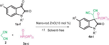 Graphical abstract: P–C bond formation via direct and three-component conjugate addition catalyzed by ZnO nano-rods for the synthesis of 2-oxindolin-3-yl-phosphonates under solvent-free conditions
