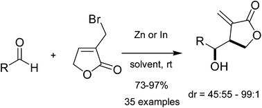 Graphical abstract: Zinc or indium-mediated Barbier-type allylation of aldehydes with 3-bromomethyl-5H-furan-2-one in aqueous media: an efficient synthesis method for α-methylene-γ-butyrolactone
