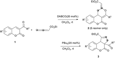 Graphical abstract: DABCO and Bu3P catalyzed [4 + 2] and [3 + 2] cycloadditions of 3-acyl-2H-chromen-ones and ethyl 2,3-butadienoate