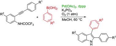 Graphical abstract: 2-Substituted 3-arylindoles through palladium-catalyzed arylative cyclization of 2-alkynyltrifluoroacetanilides with arylboronic acids under oxidative conditions
