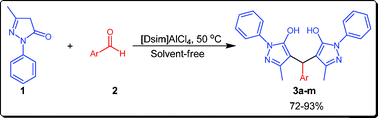 Graphical abstract: Preparation of 4,4′-(arylmethylene)-bis(3-methyl-1-phenyl-1H-pyrazol-5-ol)s over 1,3-disulfonic acid imidazolium tetrachloroaluminate as a novel catalyst