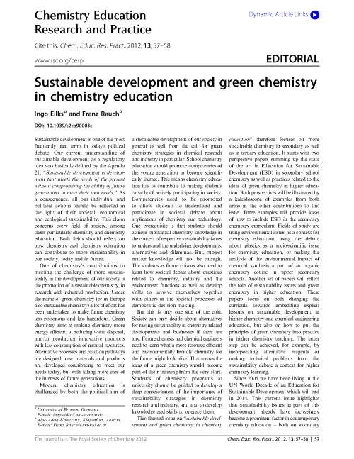 Sustainable development and green chemistry in chemistry education