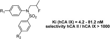 Graphical abstract: New superacid synthesized (fluorinated) tertiary benzenesulfonamides acting as selective hCA IX inhibitors: toward a new mode of carbonic anhydrase inhibition by sulfonamides