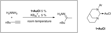 Graphical abstract: Anti-Bredt N-heterocyclic carbene: an efficient ligand for the gold(i)-catalyzed hydroamination of terminal alkynes with parent hydrazine