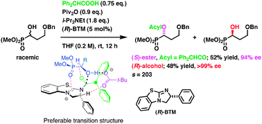Graphical abstract: Kinetic resolution of racemic α-hydroxyphosphonates by asymmetric esterification using achiral carboxylic acids with pivalic anhydride and a chiral acyl-transfer catalyst
