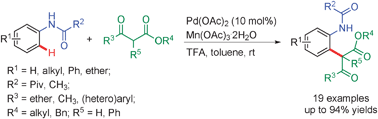 Graphical abstract: Palladium-catalyzed oxidative direct C–H/C–H cross coupling of anilides with β-keto esters