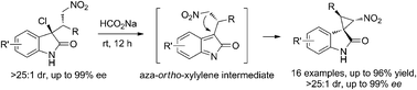 Graphical abstract: Asymmetric synthesis of 3-spirocyclopropyl-2-oxindoles via intramolecular trapping of chiral aza-ortho-xylylene