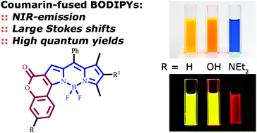 Graphical abstract: NIR-fluorescent coumarin-fused BODIPY dyes with large Stokes shifts