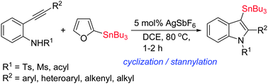 Graphical abstract: Silver-catalyzed cascade cyclization–stannylation of o-alkynylaniline derivatives with 2-tributylstannylfuran: an efficient synthesis of (3-indolyl)stannanes