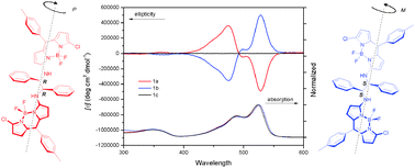 Graphical abstract: Unprecedented induced axial chirality in a molecular BODIPY dye: strongly bisignated electronic circular dichroism in the visible region