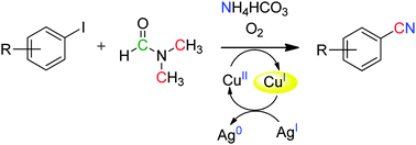 Graphical abstract: Catalytic cyanation of aryl iodides using DMF and ammonium bicarbonate as the combined source of cyanide: a dual role of copper catalysts