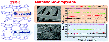 Graphical abstract: Microstructured fiber@HZSM-5 core–shell catalysts with dramatic selectivity and stability improvement for the methanol-to-propylene process